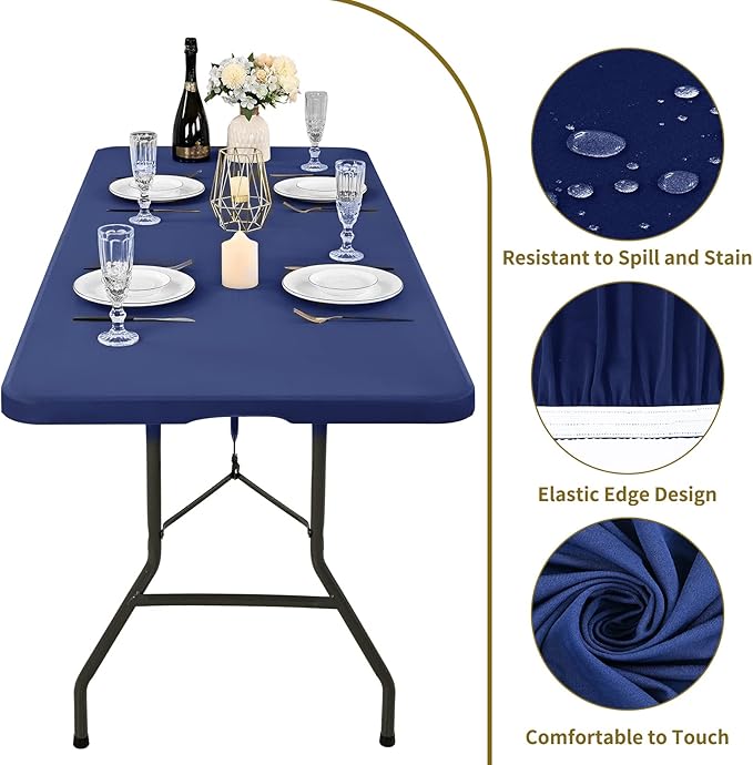 10 Pack Stretch Fabric Table Top Cap Cover, fits 6' Tables, Spandex Table Covers Washable Elastic Rectangle Tablecloth Protector for Indoor Outdoor Party Picnic Wedding, Navy Blue, 30" W x 72" L
