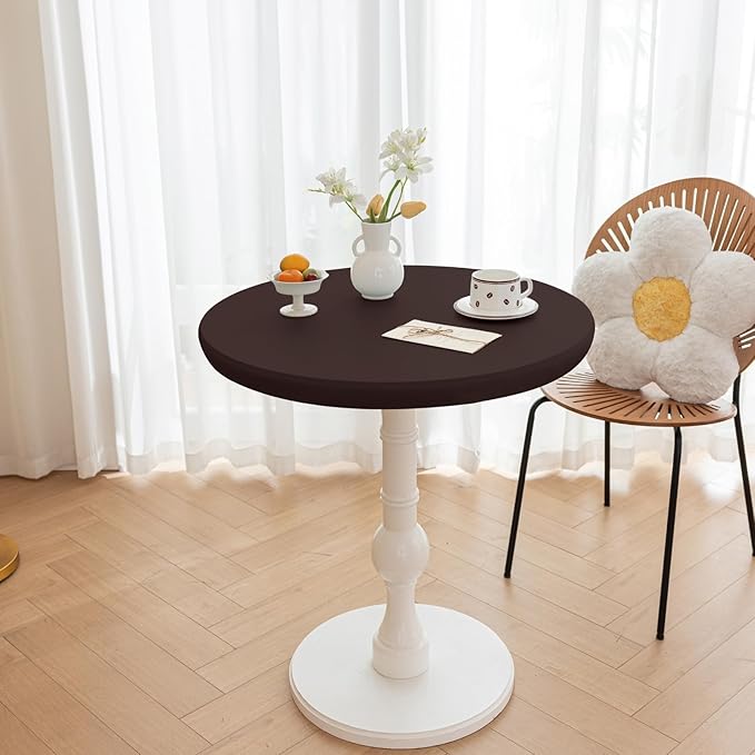 Round Fitted PU Tablecloth with High Elastic Edge 51 Inch Dia Waterproof Oil Proof Table Cloth Anti-Scald Stain-Resistant Wipeable Table Cover for Indoor Outdoor Picnic (Coffee,51" Dia)