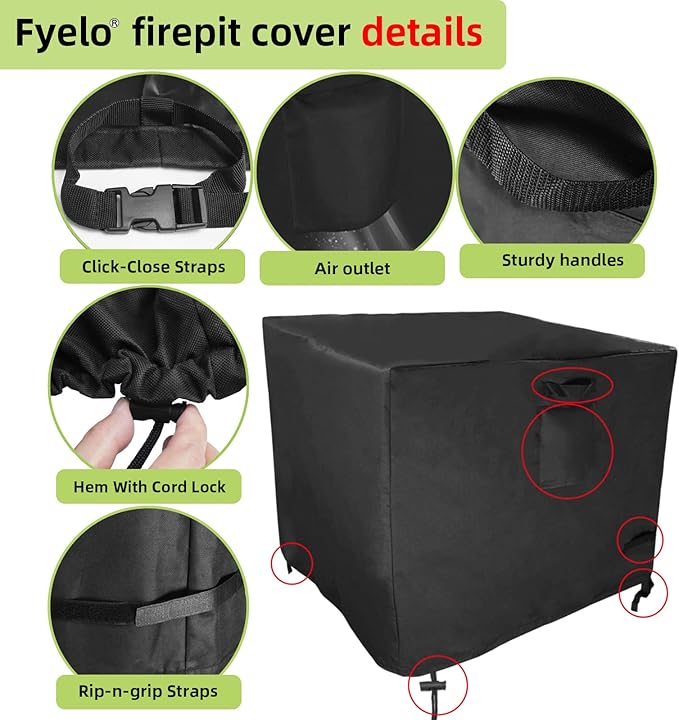 32 Inch Gas Fire Pit Cover for 28-32 Inch Square Fire Pit Tables, Heavy Duty 600D Waterproof & Windproof 32 x 32 x 24 Inches Patio Firepit Cover, Black
