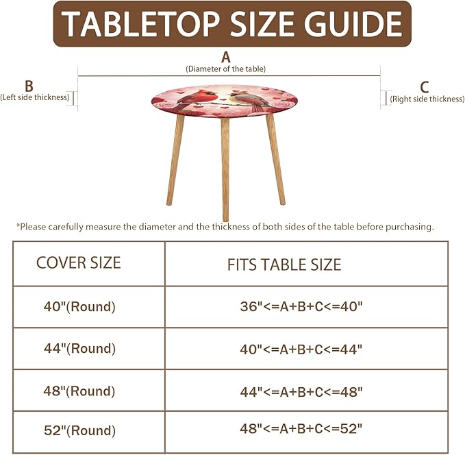 Valentines Day Round Fitted Tablecloth with Elastic Cardinal Bird Heart Circle Table Cloth for 40-44" Tables Wipeable Waterproof Washable Valentine Red Birds Table Cover for Picnic Dining Party Decor