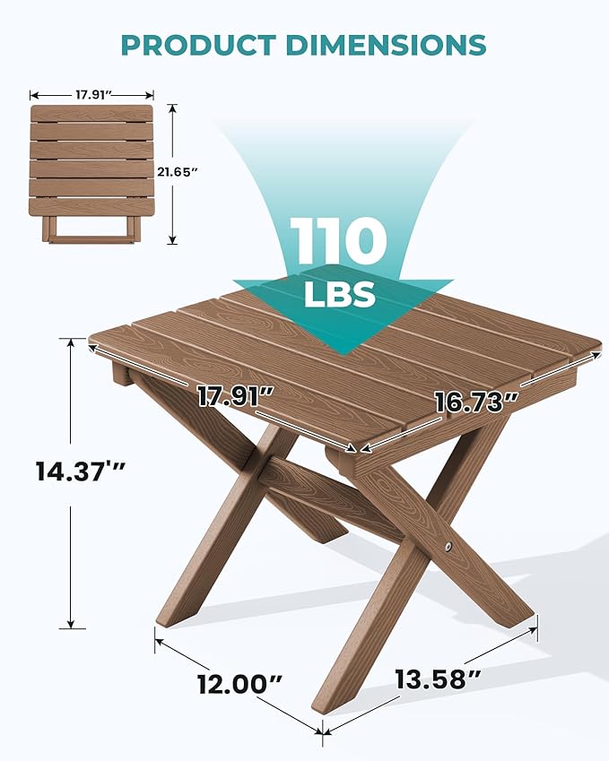 SERWALL Folding Outdoor Side Table Set of 2, Portable Adirondack Side Table, Brown