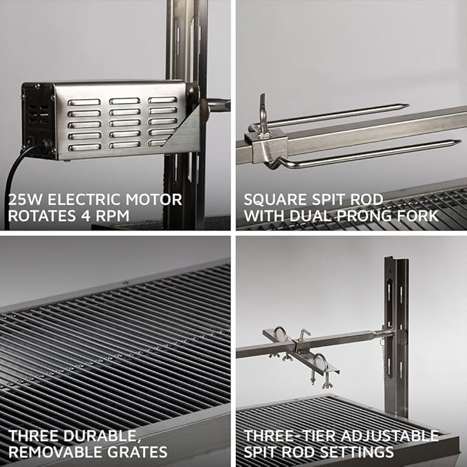 Ash & Ember 25W Stainless Steel BBQ Rotisserie Grill, 4 RPM Rotation Speed, Rated 125 LB for Large Game, Portable Electric Outdoor Roaster with Dual Prongs, Single Leg Bracket, and Spine Fork