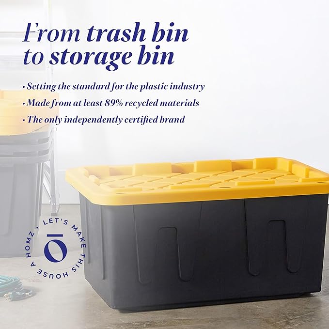 HOMZ 4-Pack Durabilt Tote, Heavy Duty Plastic Storage Bins with Lids, 27 Gallon, Black/Yellow - Stackable Organizing Containers for Home, Garage, and Office
