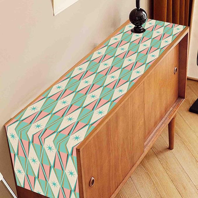 Geometric Table Runner, Retro Mid Century 1950s Modern Abstract Teal Pink Checkboard Coffee Table Center Decor for Home Kitchen Dining Patio Holiday Party Table Decorations, 13"x90" Inch