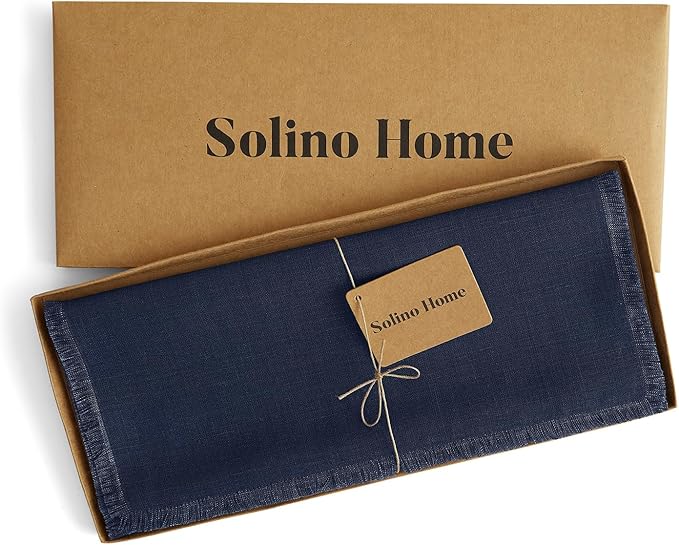 Solino Home Linen Navy Blue Table Runner 48 Inches - Fringe, 100% Pure Linen Short Table Runner 14 x 48 Inch Ideal for Dresser and Coffee Tables - Winter