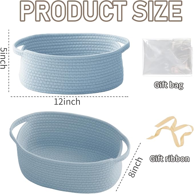 Woven Basket,Small Rope Storage Bin with Handles & Ribbon Bag, Organizer for Shelves Closets,Gift Basket Empty for Birthday,Books,Dog Toys, Blue/2 Pack