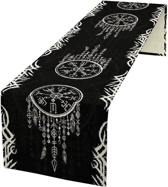 Viking Table Runner, Nordic Ancient Mythical Runes Print Table Runner for Home Dining Kitchen Coffee Table Party 13x90in