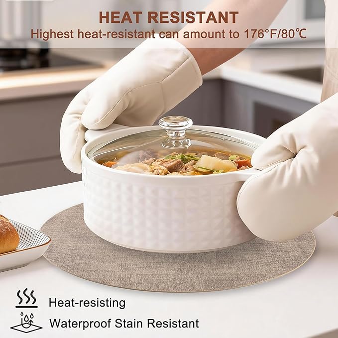 Round Faux Leather Placemats and Coasters, Set of 6, Reversible Heat Resistant Non-Slip Table Mats, Waterproof Wipeable Place Mats for Dining Table, Washable for Indoor & Outdoor (6, Light Brown)