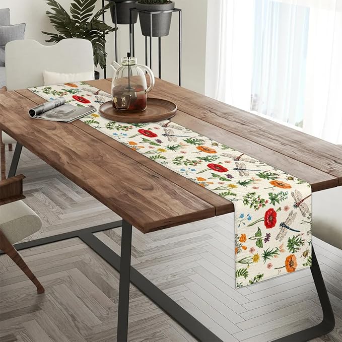 Flowers Dragonflies Table Runner Kitchen Dining Table Runner 13*120in Table Center Decor for Indoor Outdoor Home Holiday Party