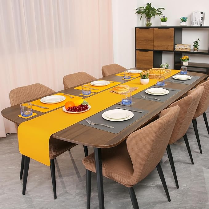 Myir JUN Table Runner Double Sided Vinyl Runner Table 55 Inch Long Runner for Table Washable Waterproof Non-Slip for Home Decorations Gray Yellow,12 x 55 inch
