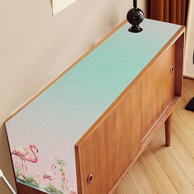 Flamingo Table Runner,Teal Pink Flamingo Family with Flowers Grass Watercolor Style Table Center Decor for Family Kitchen and Living Room Outdoor Farmhouse Party Table Decorations, 13"x108"