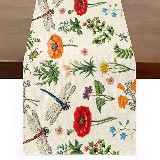 Flowers Dragonflies Table Runner Kitchen Dining Table Runner 13*48in Table Center Decor for Indoor Outdoor Home Holiday Party
