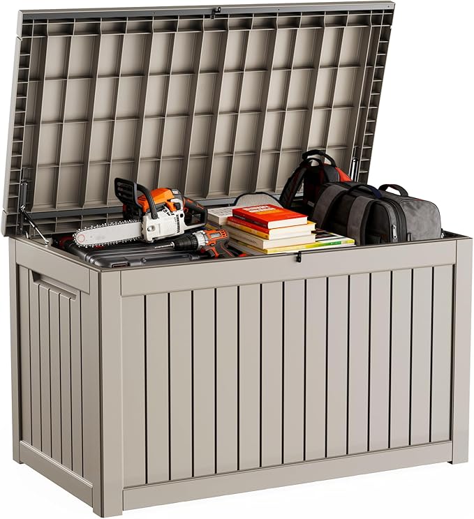DRATO 280 Gallon Deck Box, Waterproof Resin Large Outdoor Storgae Box for Patio Furniture, Patio Cushions, Gardening Tools, Pool Supplies, Lockable（Gray，280 Gallon）