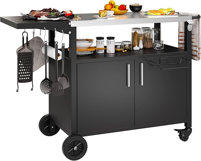 Shintenchi Outdoor Grill Cart Table with Stainless Steel Top for Kitchen Prep and BBQ, Outdoor Kitchen Island Table with Side Handle, Multifunctional Outdoor Grill Table, Black
