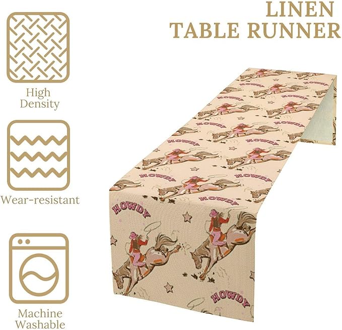 Western Cowboy Table Runner,Vintage Country Cowboy Horse Desert Print Table Runner for Farmhouse Kitchen Dining Table Holiday Home Party Decor 13x108in