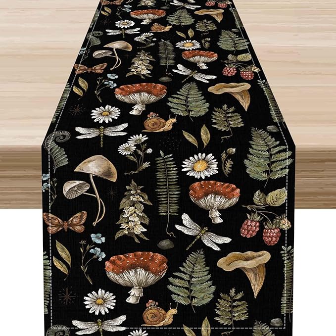 Mushroom Table Runner, Rustic Farmhouse Forest Plants Botanical Country Black Coffee Table Center Decor for Home Kitchen Dining Patio Holiday Party Indoor Outdoor Table Decorations, 13"x90" Inch