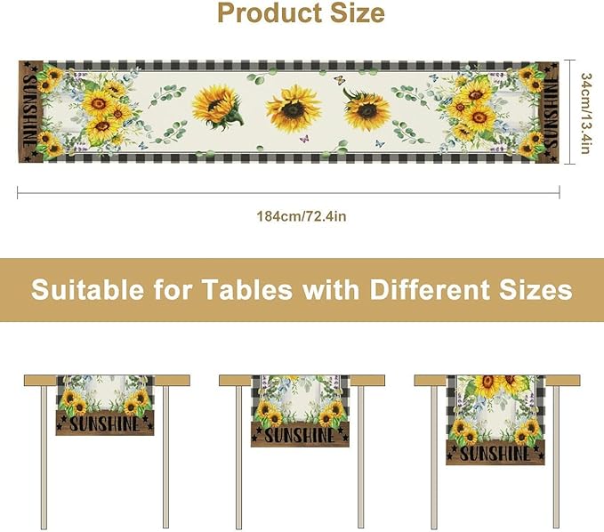 Sunflower Table Runner, Buffalo Floral Seasons Spring Summer Fall Table Runner for Kitchen Dining Farmhouse Home Party Outdoor 13x36in