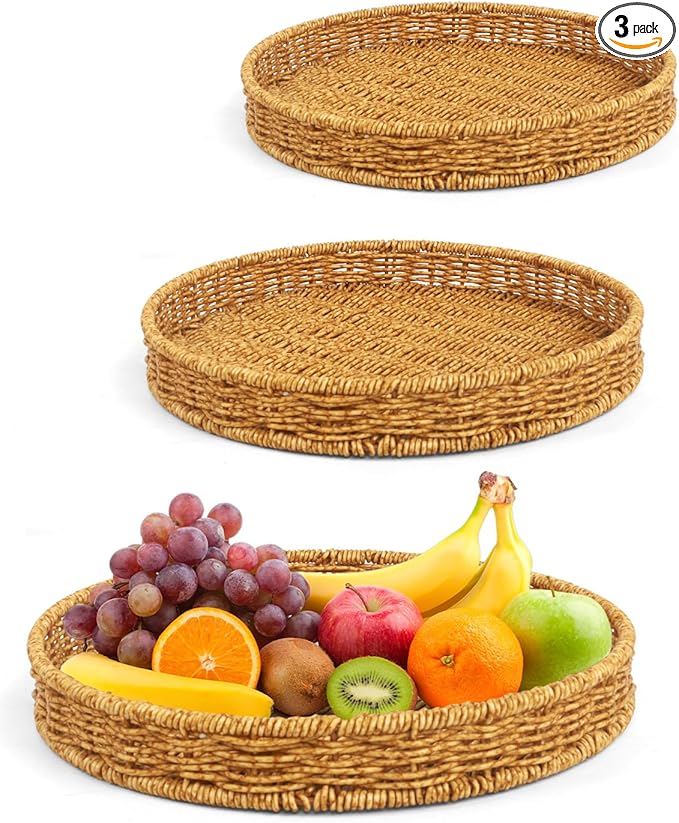 Woven Bread Basket, 3 Pack Wicker Fruit Baskets Rattan Bread Basket Poly Wicker Bread Baskets With Handles For Food Serving, Display, Vegetables, Home Kitchen, Restaurant, Outdoor (Round set)