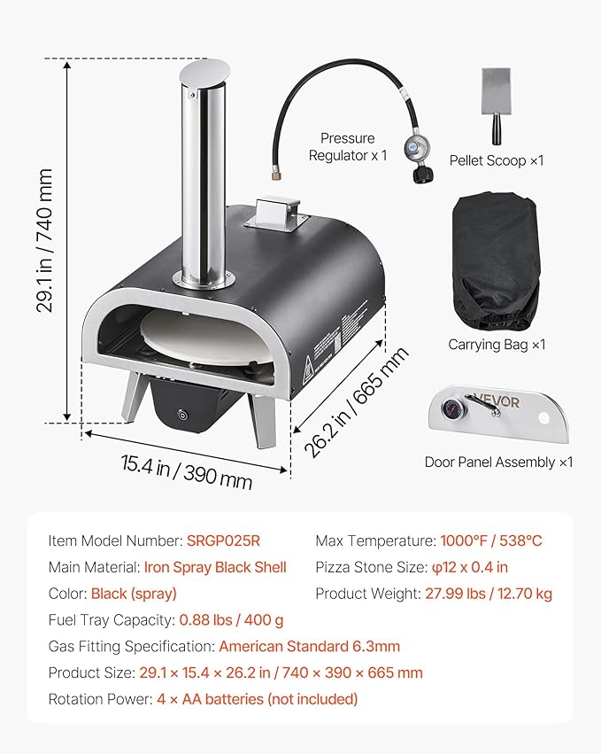 VEVOR Dual Fuel Outdoor Pizza Oven, 12" Auto-Rotating Propane & Wood Pellet Pizza Ovens, Multi-Fuel Pizza Maker with Electric Rotation System & Thermometer, for Outside Patio Camping & Backyard