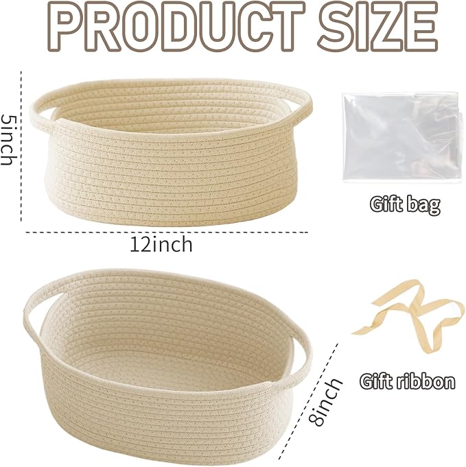 Woven Basket,Small Rope Storage Bin with Handles & Ribbon Bag, Organizer for Shelves Closets,Gift Basket Empty for Birthday,Books,Dog Toys,Beige