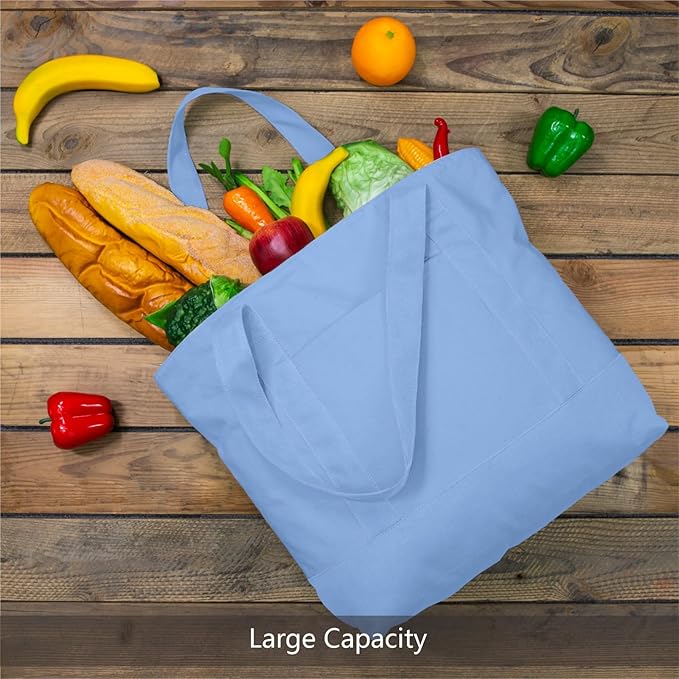 TOPDesign 3-Pack Canvas Tote Bags with an External Pocket, Reusable Grocery Shopping Bags, Top Zipper Closure, Daily Essentials (Light Blue)