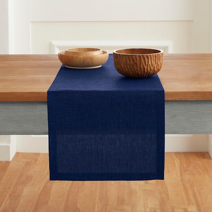 Solino Home Linen Royal Blue Table Runner 120 Inches Long - Athena, 100% Pure Linen Dining Table Runner 14 x 120 Inch for Winter