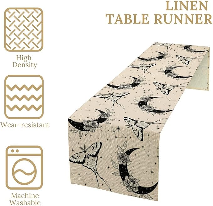 Boho Moth Table Runner,Retro Flower Moon Starlit Stars Butterfly Print Table Runner for Wedding Holiday Party Farmhouse Home Decor 13x120in
