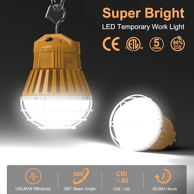 LED Temporary Work Light,36W/48W/60W Adjustable,4500K/5000K/5700K CCT Adjustable Construction Light with 10ft Cable Plug and Sturdy Hooks Linkable LED Work Job Site Lighting ETL Listed AC100-277V