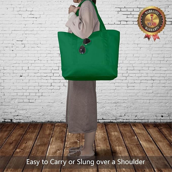 TOPDesign 1-Pack Canvas Tote Bag with an External Pocket, Reusable Grocery Shopping Bag, Top Zipper Closure, Daily Essentials (Green)