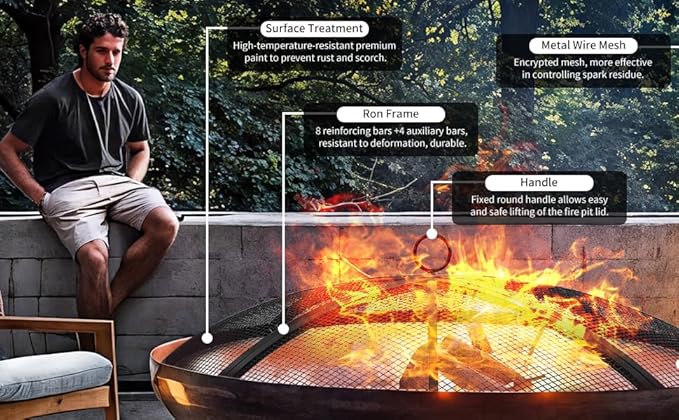 Fire Pit Spark Screen, Outdoor 30 Inch Round Fire Pit Screen with Foldable Hook and Fire Safety Gloves, Heavy Duty Steel Mesh Fire Pit Cover, Fire Pit Lid for Backyard, Beach, RV Camping