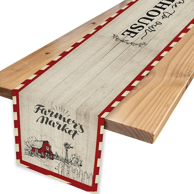 Farmhouse Table Runner, Rustic Country Barn Cottage Rooster Check Animal Plank Coffee Table Center Decor for Home Kitchen Dining Patio Holiday Party Indoor Outdoor Table Decorations 13"x36"
