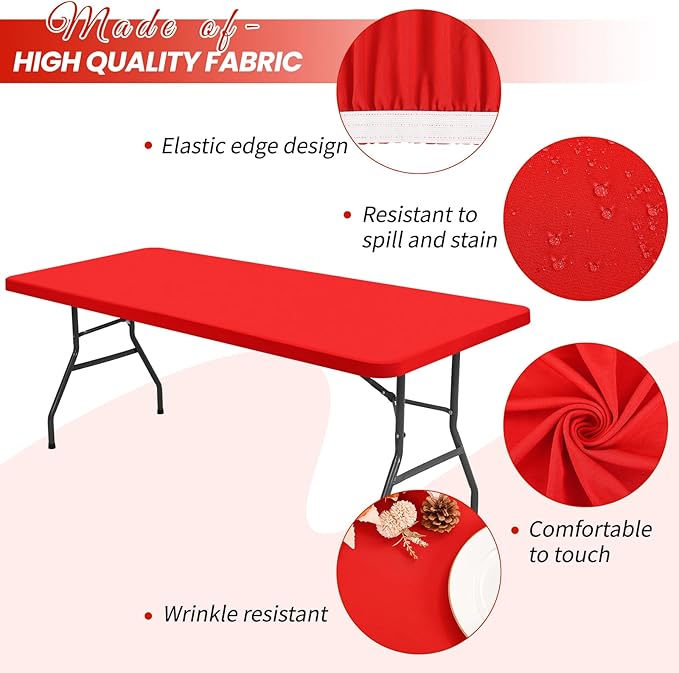 10 Pack Stretch Fabric Table Top Cap Cover, Red Table Covers fits 6Ft Tables, Washable Elastic Universal Rectangle Tablecloth Protector for Indoor Outdoor Party Picnic Wedding (30" W x 72" L)