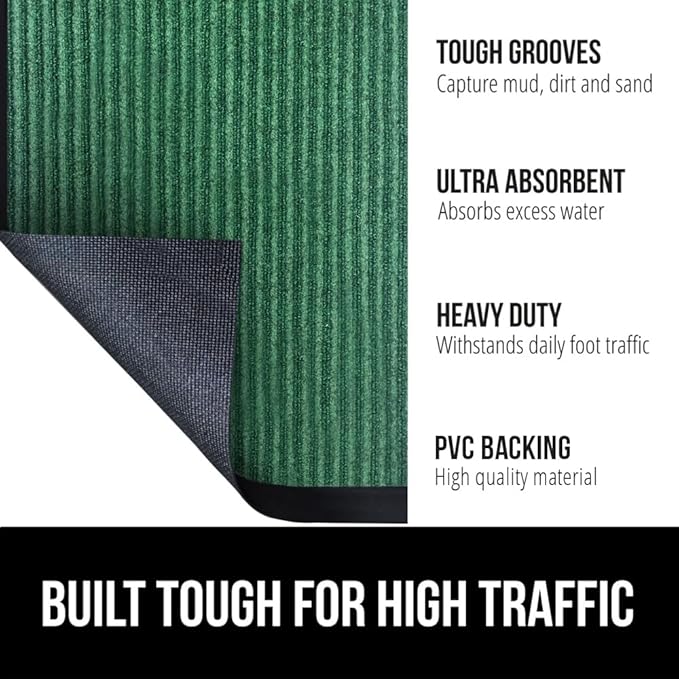GORILLA GRIP Waterproof Traffic Guard Door Mat, 2 Pack Heavy Duty Entryway Mats, Strong Rubber Back Commercial Utility Rugs for Office Hallway, Garage Floor and Home, Low Profile Carpet, 35x23, Green