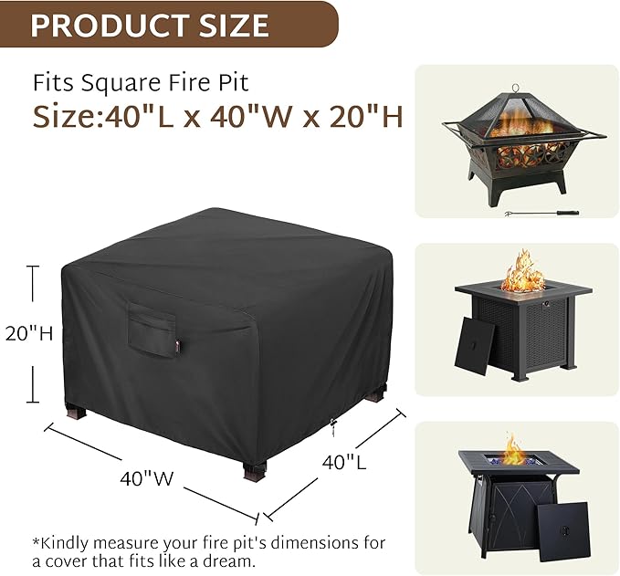 iBirdie Square Fire Pit Cover 40 x 40 inch Outdoor Waterproof and Weatherproof Heavy Duty 600D Patio Fireplaces Table Coffee Table Cover