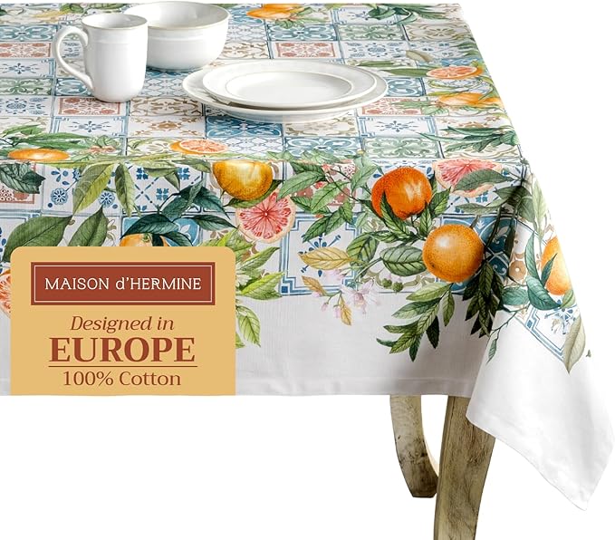 Maison d' Hermine Table Cloth Rectangle Table 100% Cotton 60 x 90 Inches Tablecloth Reusable Decorative Everyday Use for Dining Room, Farmhouse, Home, Party, Festive & Wedding Spring Summer - Agrume