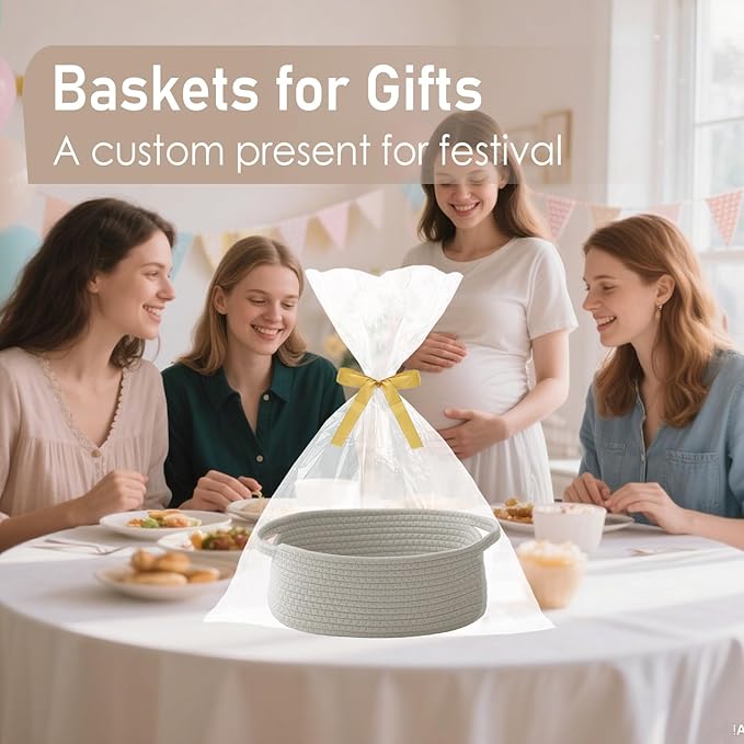 Woven Basket,Small Rope Storage Bin with Handles & Ribbon Bag, Organizer for Shelves Closets,Gift Basket Empty for Birthday,Books,Dog Toys, Grey/3 Pack