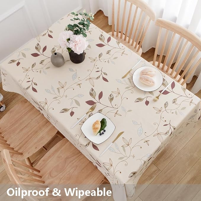 TruDelve Heavy Duty Vinyl Tablecloth Beige Plastic Table Cloth Waterproof Wipeable Oilcloth Table Cloth Rectangle Table (54'' x 78'', Leaves)
