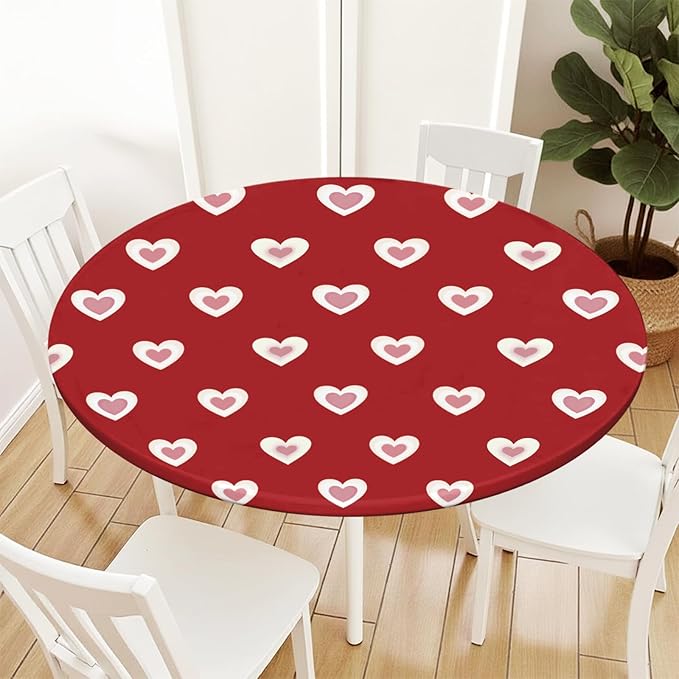Valentines Day Round Fitted Tablecloth with Elastic Red Pink Heart Circle Table Cloth for 40-44" Round Tables Wipeable Waterproof Washable Burgundy Valentine Table Cover for Picnic Dining Party Decor