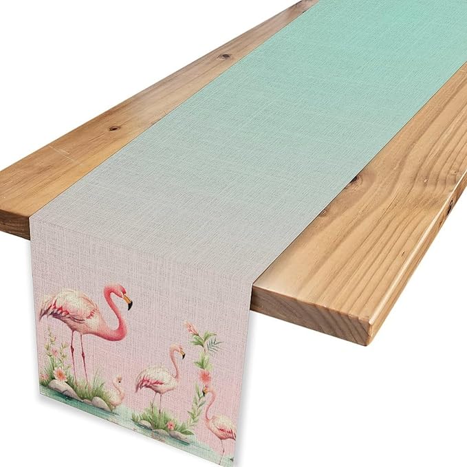Flamingo Table Runner,Teal Pink Flamingo Family with Flowers Grass Watercolor Style Table Center Decor for Family Kitchen and Living Room Outdoor Farmhouse Party Table Decorations, 13"x108"