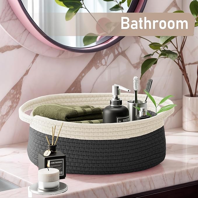 Woven Basket,Small Rope Storage Bin with Handles & Ribbon Bag, Organizer for Shelves Closets,Gift Basket Empty for Birthday,Books,Dog Toys, White&Black/3 Pack