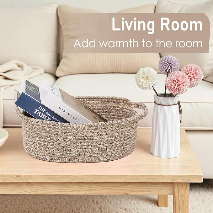 Woven Basket,Small Rope Storage Bin with Handles & Ribbon Bag, Organizer for Shelves Closets,Gift Basket Empty for Birthday,Books,Dog Toys,Oatmeal/2 Pack