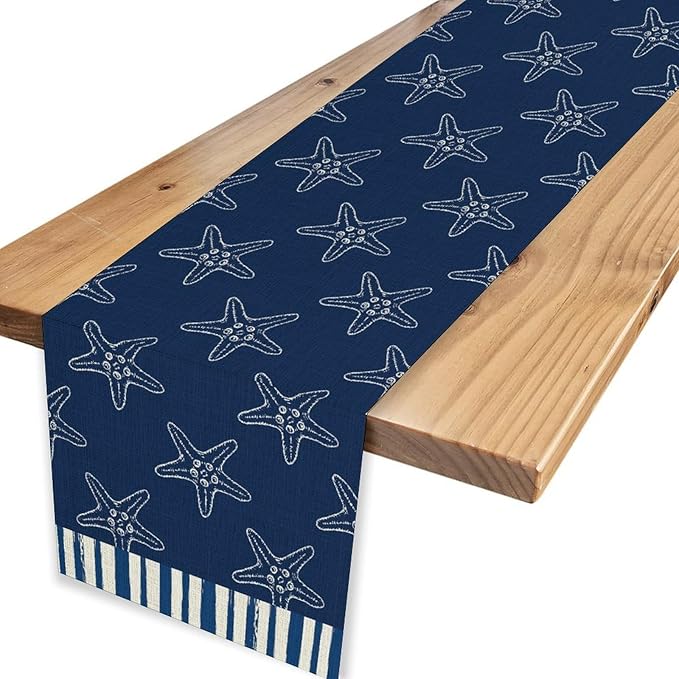 Starfish Table Runner, Summer Coastal Navy Blue Nautical Tropical Rustic Farmhouse Coffee Table Center Decor for Home Kitchen Dining Patio Holiday Party Table Decorations 13"x90"