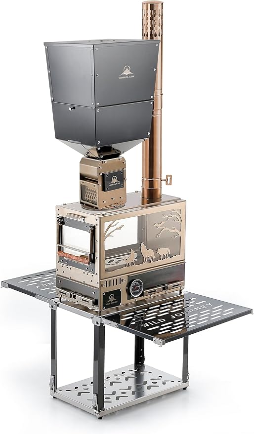 M8 Pellet Stove with Pellet Burner/Oven/Base - Portable Stainless Steel IGT Hot Tent Stove, Includes 6 Chimney Pipes for Camping, Tents, Cooking & Travel, Rose Gold