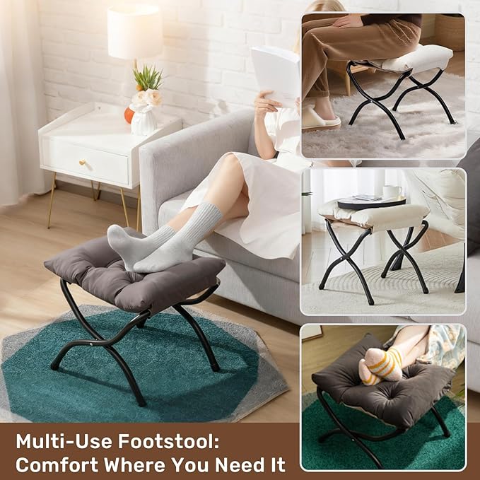 HollyHOME 15"(H) Folding Footrest Stool, Upholstered Small Foldable Ottoman, Accent Padded Sofa Foot Stool for Lazy Chair, Metal Frame Portable Foot Rest Ottoman for Home, Living Room, Bedroom, Grey