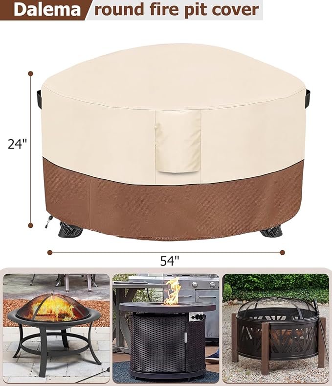 Fire Pit Cover,Outdoor Heavy Duty 600D 100% Waterproof Fire Pit Cover Round,Weatherproof Firepit Covers Round 54" Dia x 24" H,Beige & Brown