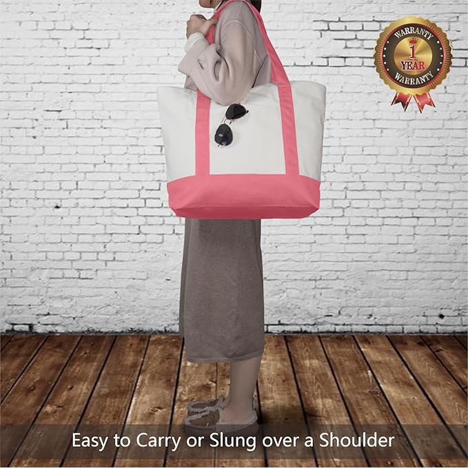 TOPDesign 3-Pack Canvas Tote Bags with an External Pocket, Reusable Grocery Shopping Bags, Top Zipper Closure, Daily Essentials (Rose Pink/Natural)