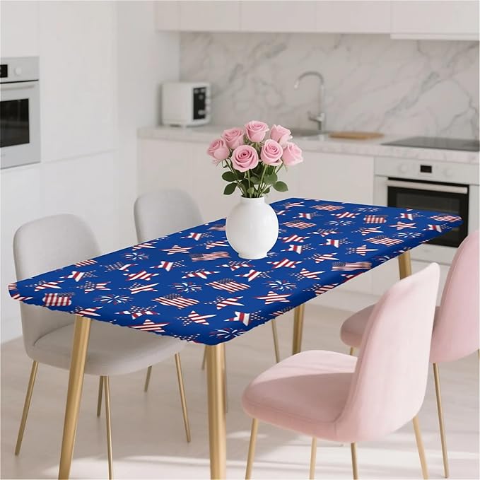 Rectangle Table Cloth Cover Waterproof Elastic Fitted Polyester Fitted Tablecloths for 6 Foot Tables for Indoor,Picnic, Camping, Outdoor （60" x 30"，American Flag）