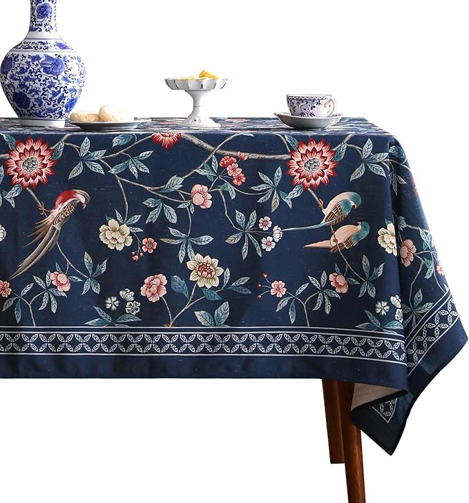 patdrea Designer Vintage Dark Blue Linen Square Tablecloth,Navy French Floral and Birds Pattern Tableloths,Decoration Table Cover for Kitchen,Dining,Tea Party,Home,Christmas,67"*67"