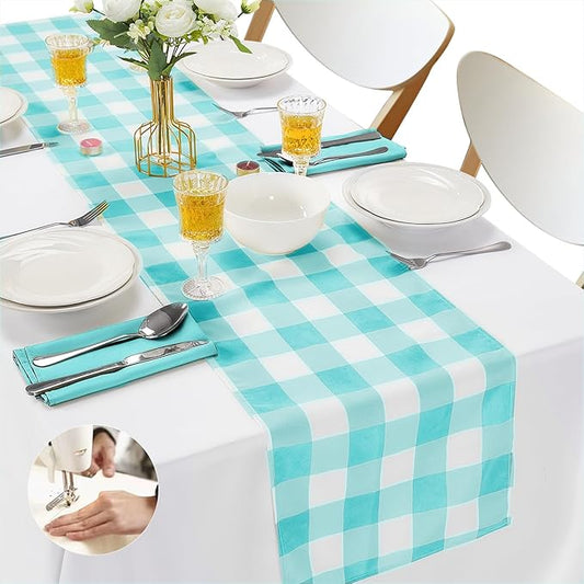 Fabric Checkered Table Runner 12 Pack Waterproof Gingham Table Runner 14W x 108L Buffalo Check Table Runners for Parties Kitchen Dining Wedding Banquet (Aqua and White)