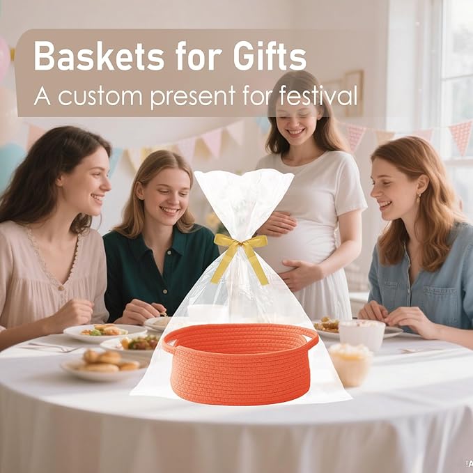 Woven Basket,Small Rope Storage Bin with Handles & Ribbon Bag, Organizer for Shelves Closets,Gift Basket Empty for Birthday,Books,Dog Toys,Orange